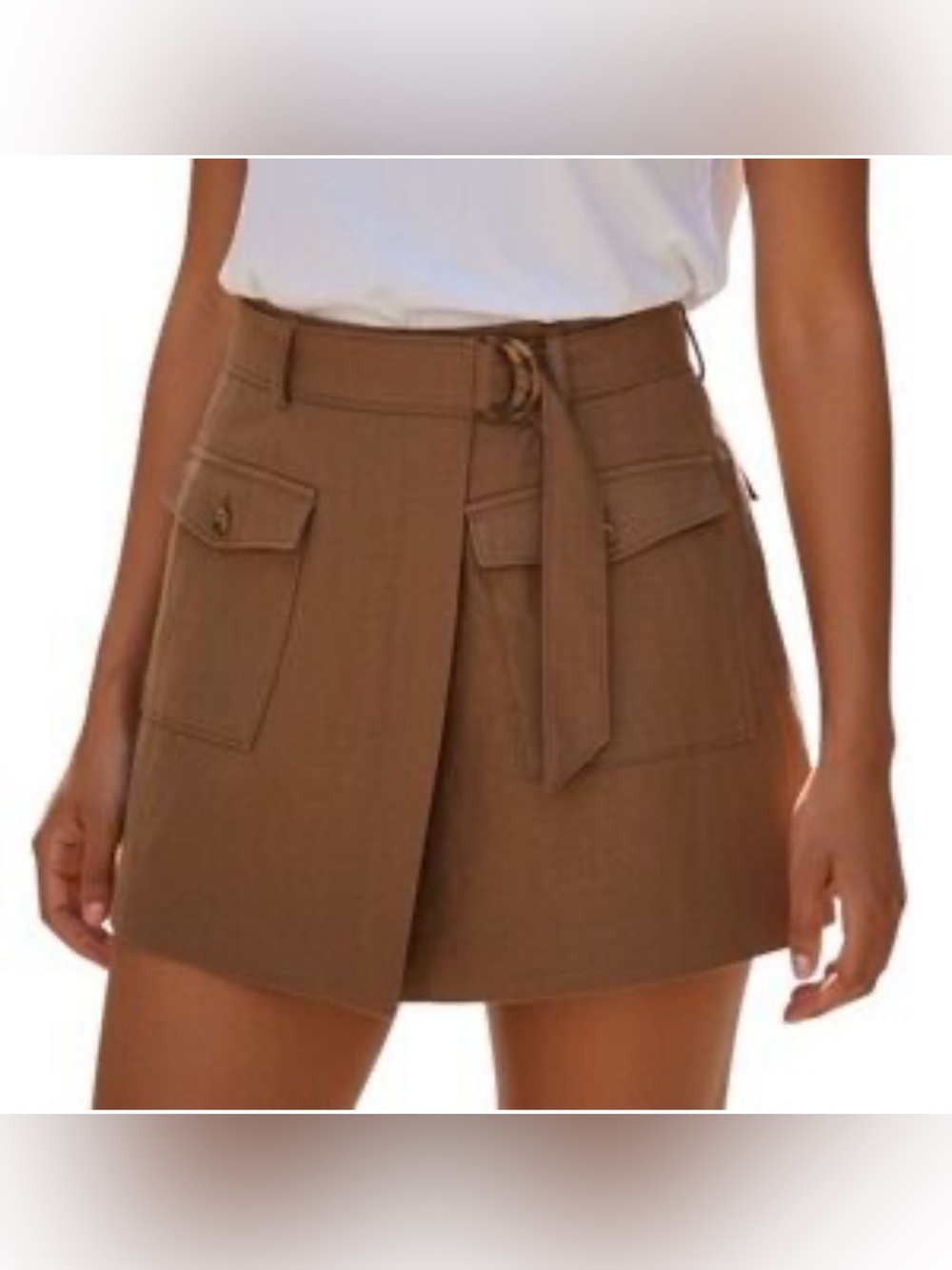 White House Black Market high-rise linen cargo skort in tan with a wrap design